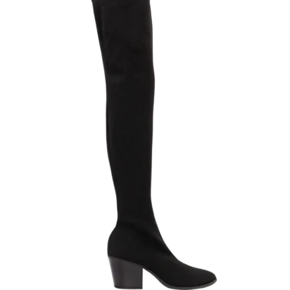 Cuissardes Athènes en tissu noir Poema Paris, offrant une silhouette élégante et un confort parfait. Chaussures femme éco-responsables à la coupe ajustée.