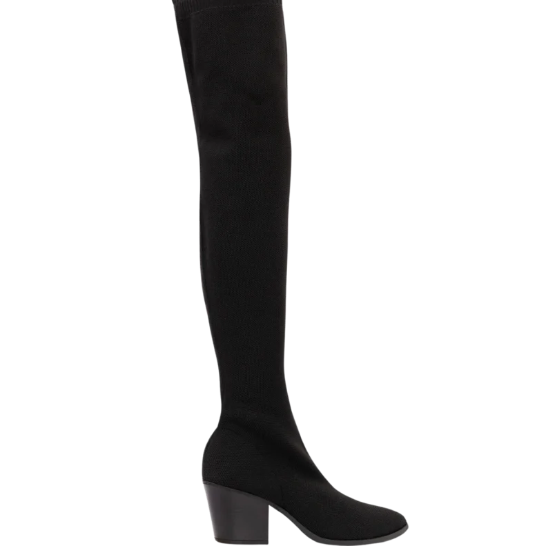 Cuissardes Athènes en tissu noir Poema Paris, offrant une silhouette élégante et un confort parfait. Chaussures femme éco-responsables à la coupe ajustée.